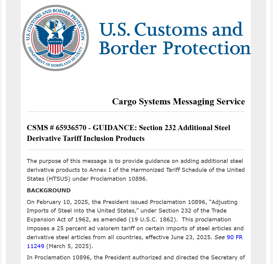 CSMS # 65936570 - GUIDANCE: Section 232 Additional Steel Derivative Tariff Inclusion Products